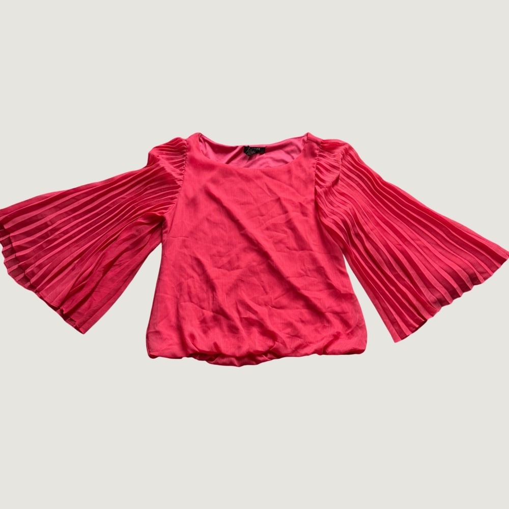 Alfani Pleated Bell Sleeve Blouse 4P Chiffon Bubble Hem Top Pink Petite